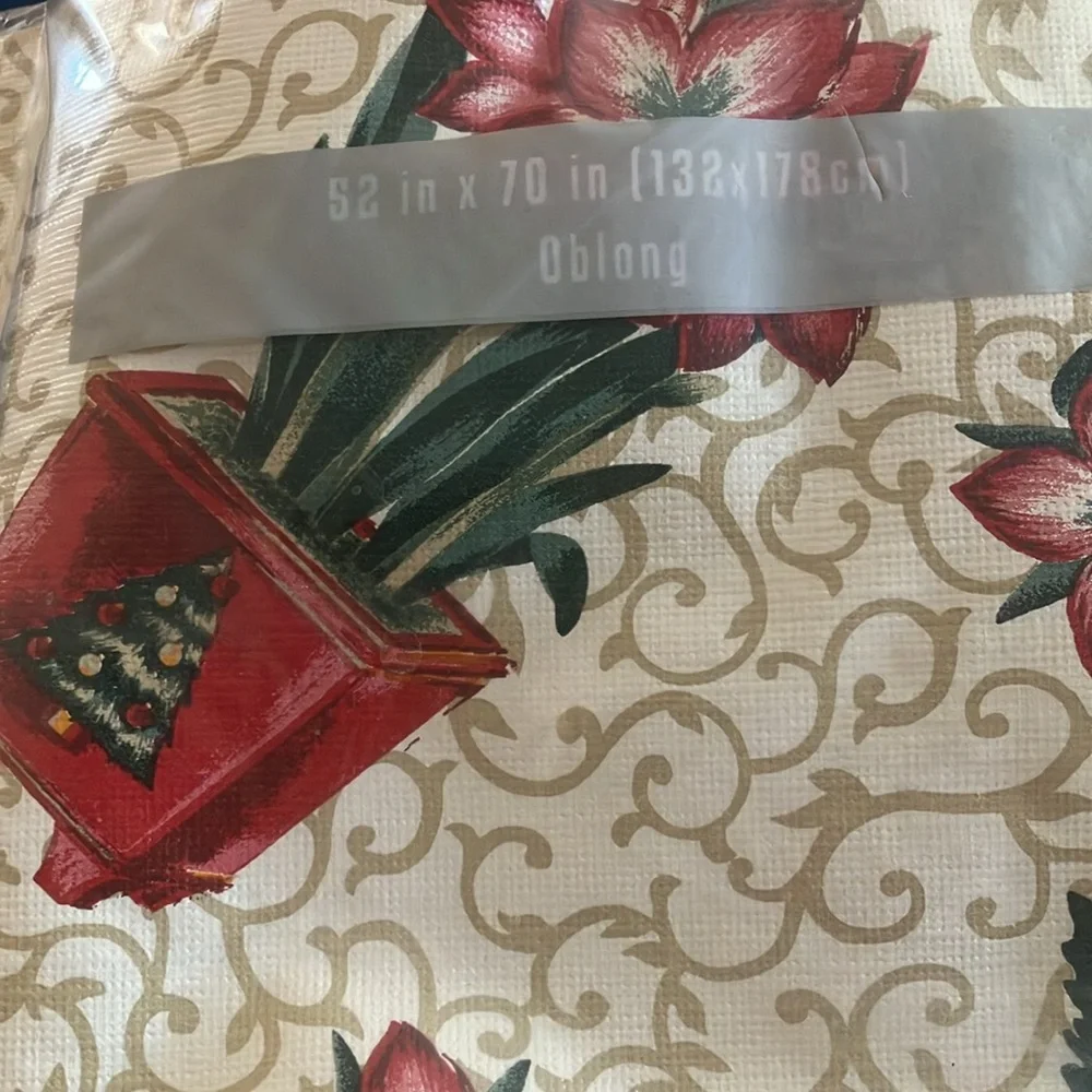 Floral and Christmas Tree Vinyl Tablecloth 52x70 oblong brand new